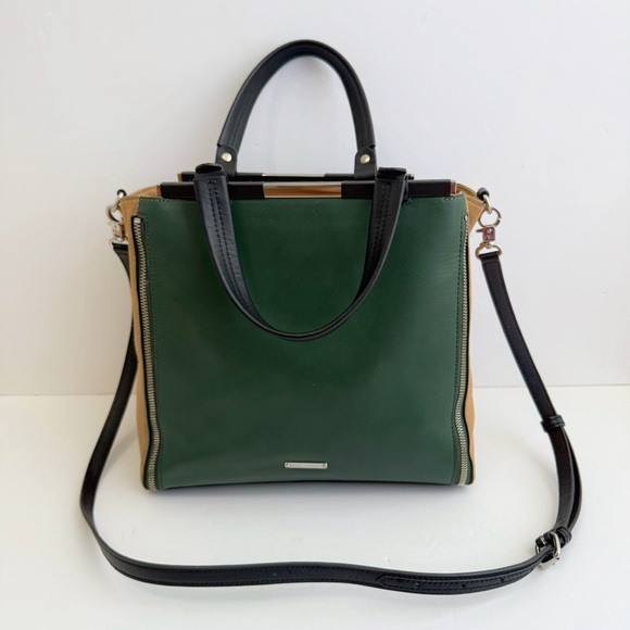 REBECCA MINKOFF BLACK GREEN LEATHER TAN SUEDE FRONT POCKET SIDE ZIPPERS PURSE - Picture 2 of 12